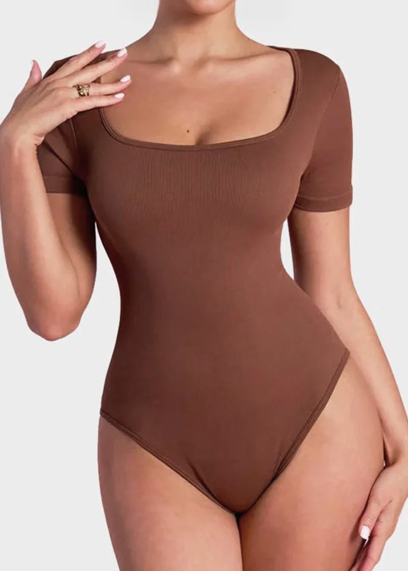 Sexy Ribbed Square Neck Thong Bodysuit (2 Pcs) - Image 4