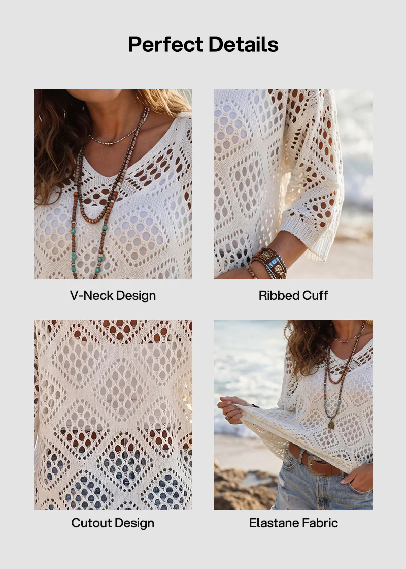 Casual Knit Hollow-Out 3/4 Batwing Sleeve Lightweight Summer Sweater - Image 17