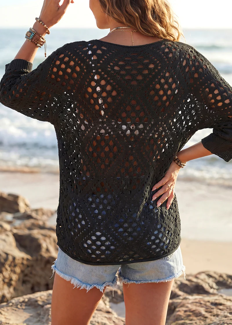 Casual Knit Hollow-Out 3/4 Batwing Sleeve Lightweight Summer Sweater - Image 8