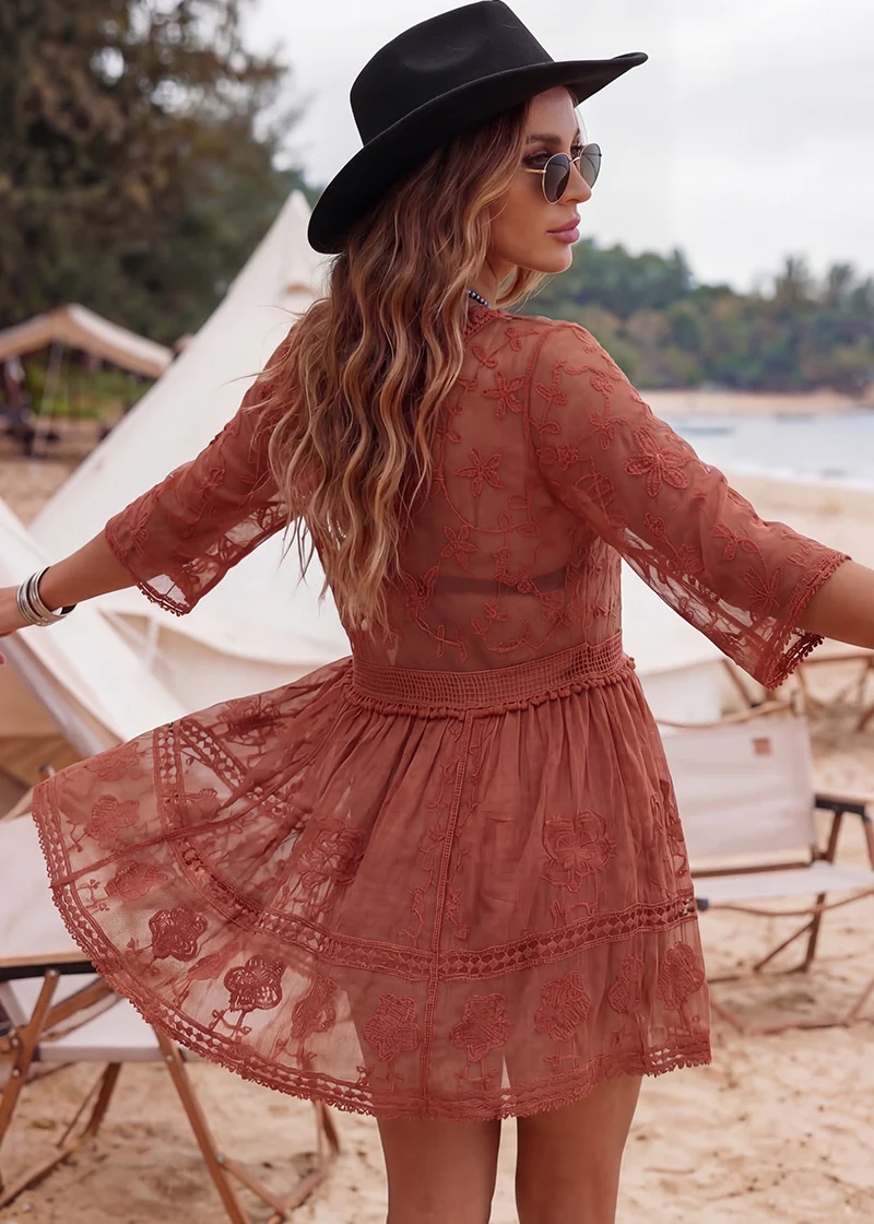 Contrast Lace Bathing Suit Cover Up V-Neck Swimsuit Coverups - Image 13