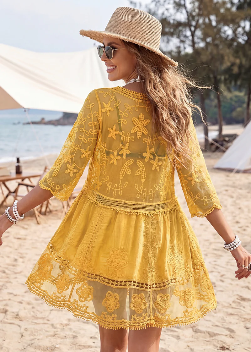 Contrast Lace Bathing Suit Cover Up V-Neck Swimsuit Coverups - Image 15