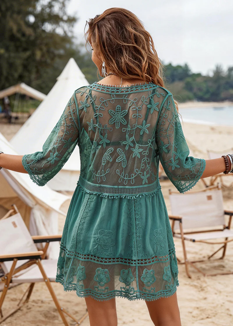 Contrast Lace Bathing Suit Cover Up V-Neck Swimsuit Coverups - Image 19