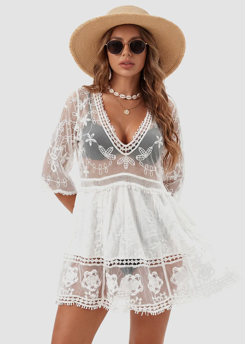 Contrast Lace Bathing Suit Cover Up V-Neck Swimsuit Coverups - Image 3