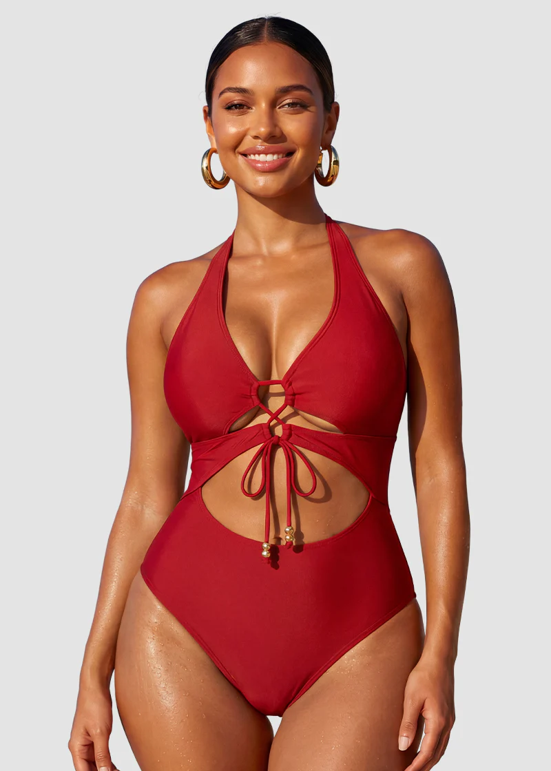 Cut-Out Halter Tummy Control One-Piece Swimsuit - Image 2