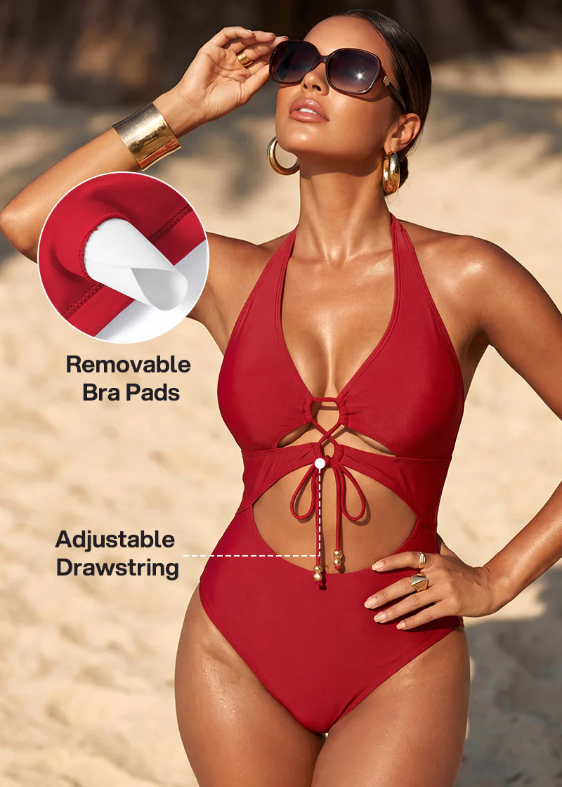 Cut-Out Halter Tummy Control One-Piece Swimsuit - Image 4