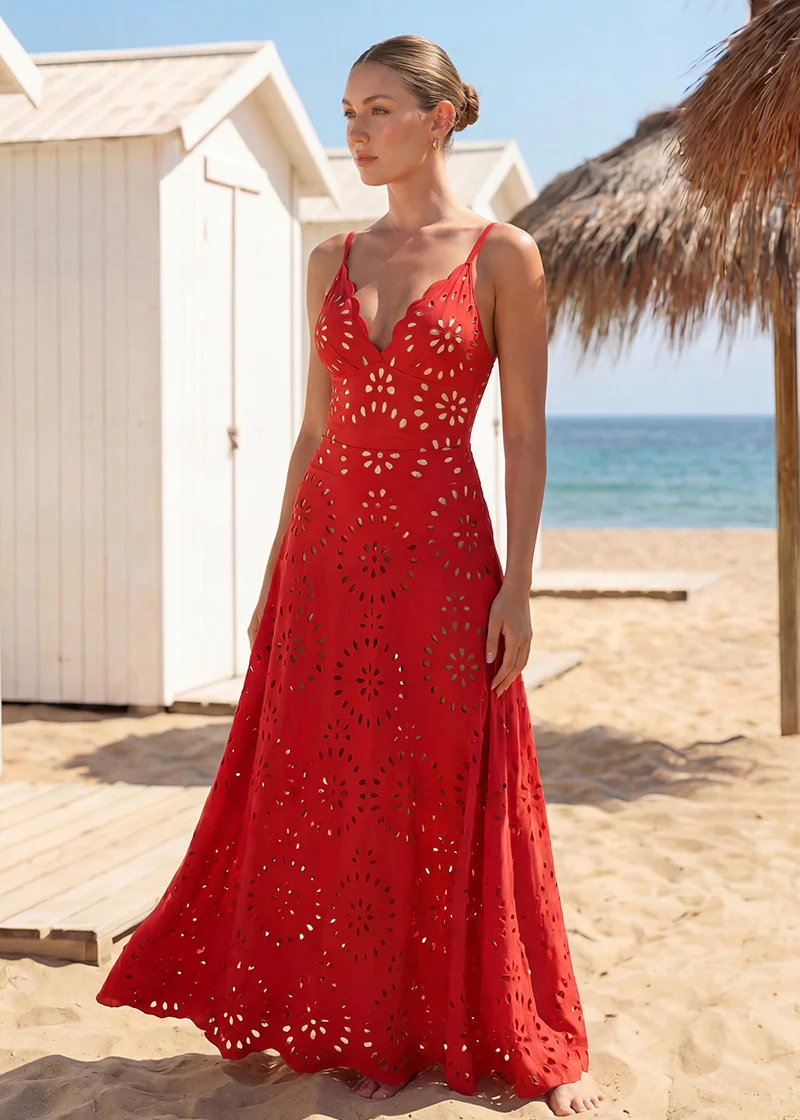 Floral Laser-Cut Hollow One-Piece Swimsuit with Skirt - Image 13