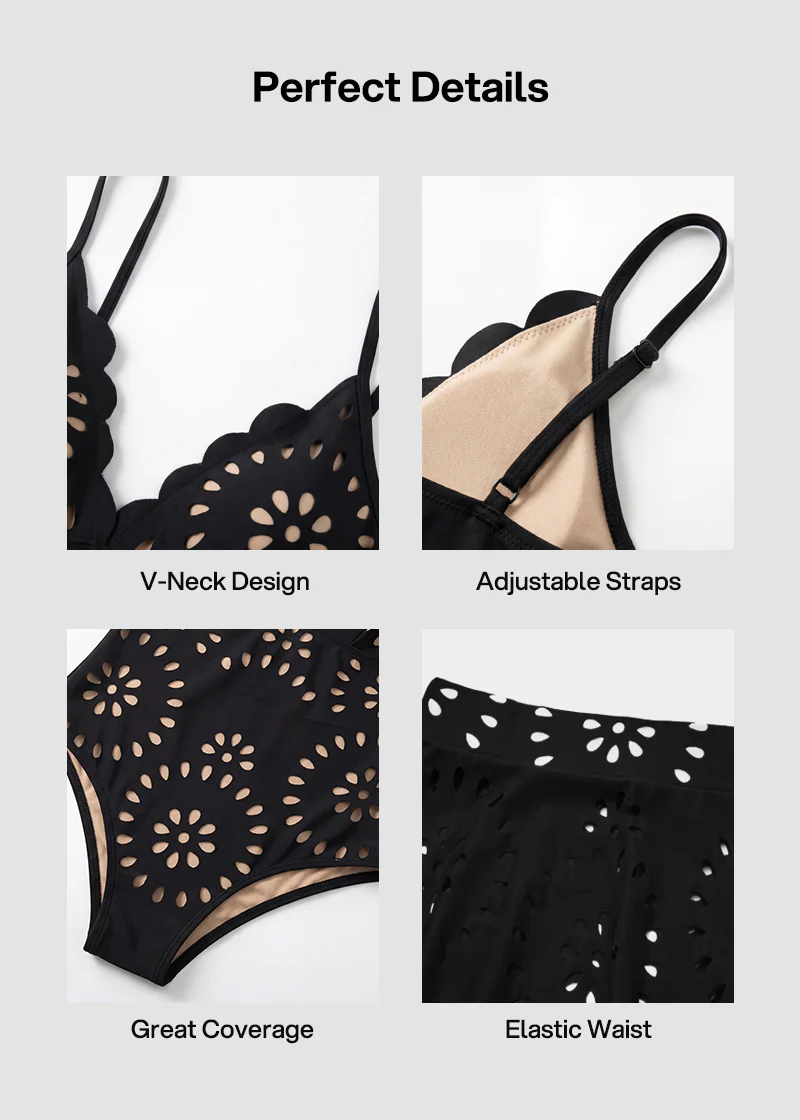 Floral Laser-Cut Hollow One-Piece Swimsuit with Skirt - Image 7