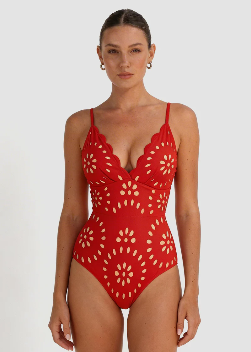 Floral Laser-Cut Hollow One-Piece Swimsuit with Skirt - Image 9