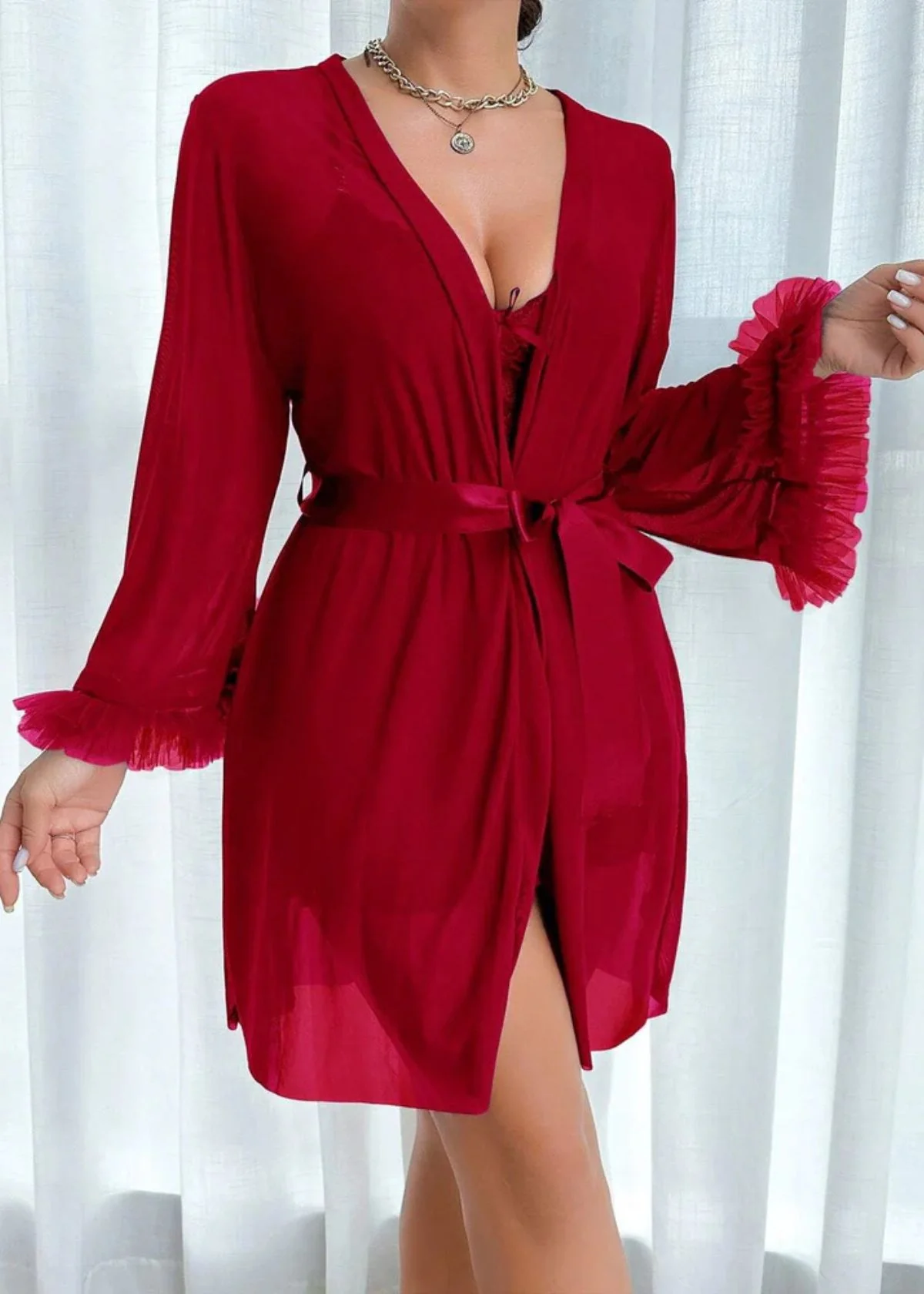 Lace Cami Nightgown & Floral Lace Trim Wide Sleeve Sheer Robe - Image 12