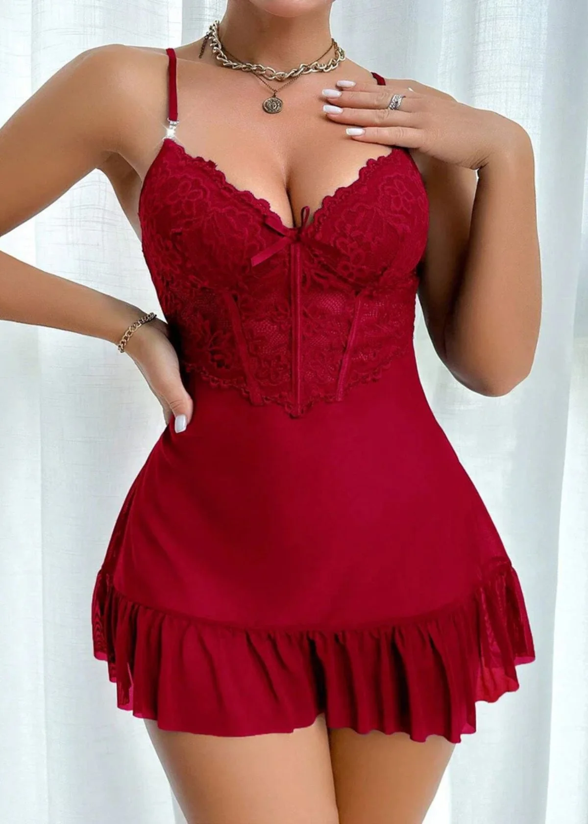 Lace Cami Nightgown & Floral Lace Trim Wide Sleeve Sheer Robe - Image 13
