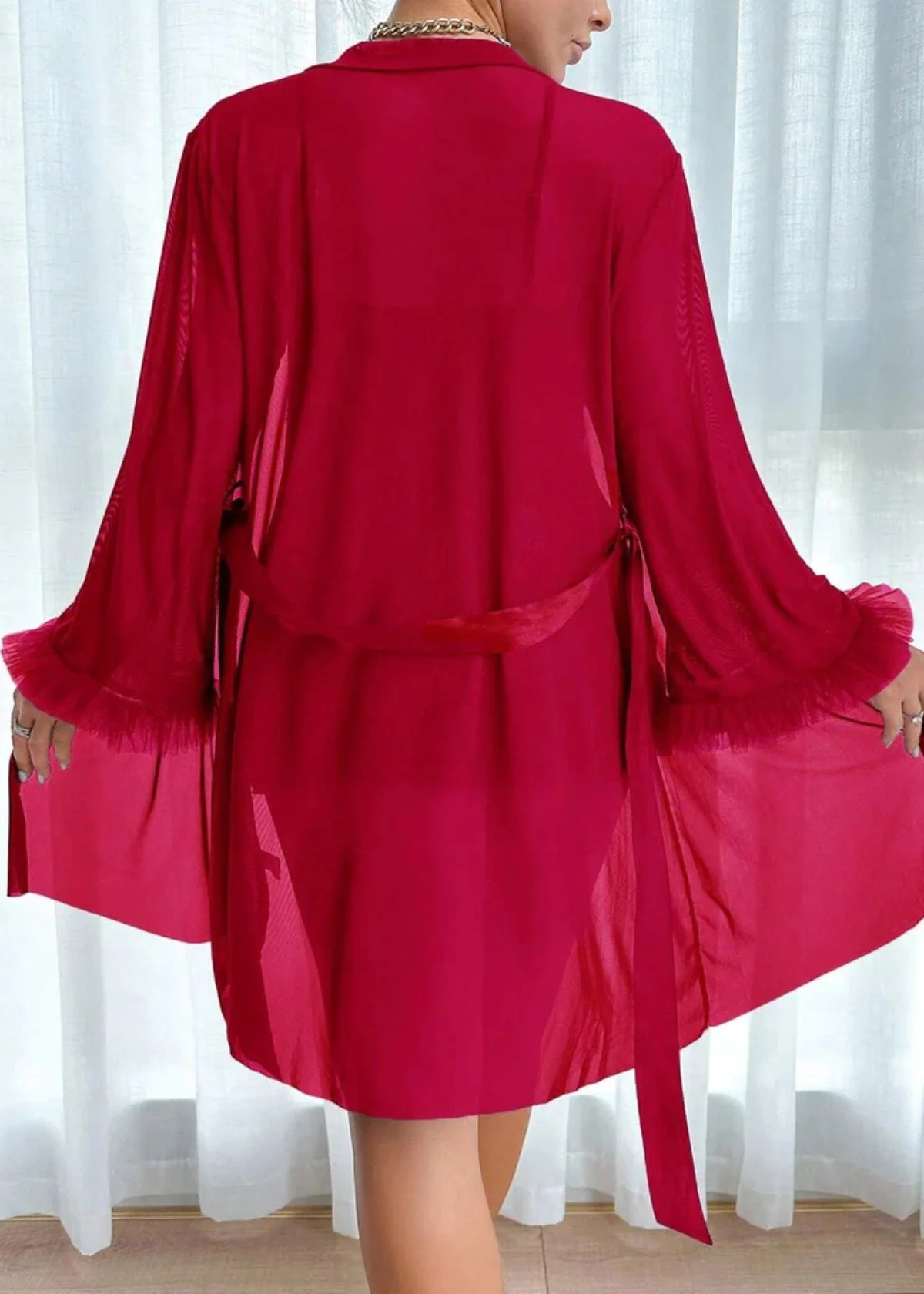 Lace Cami Nightgown & Floral Lace Trim Wide Sleeve Sheer Robe - Image 14