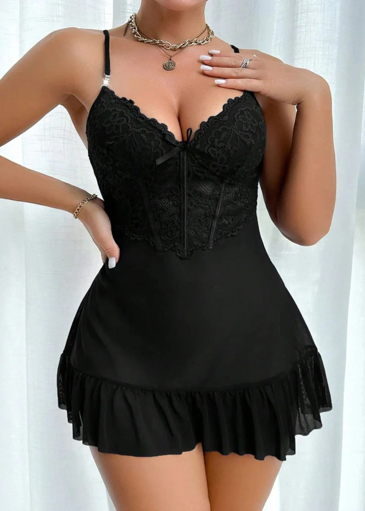 Lace Cami Nightgown & Floral Lace Trim Wide Sleeve Sheer Robe - Image 18