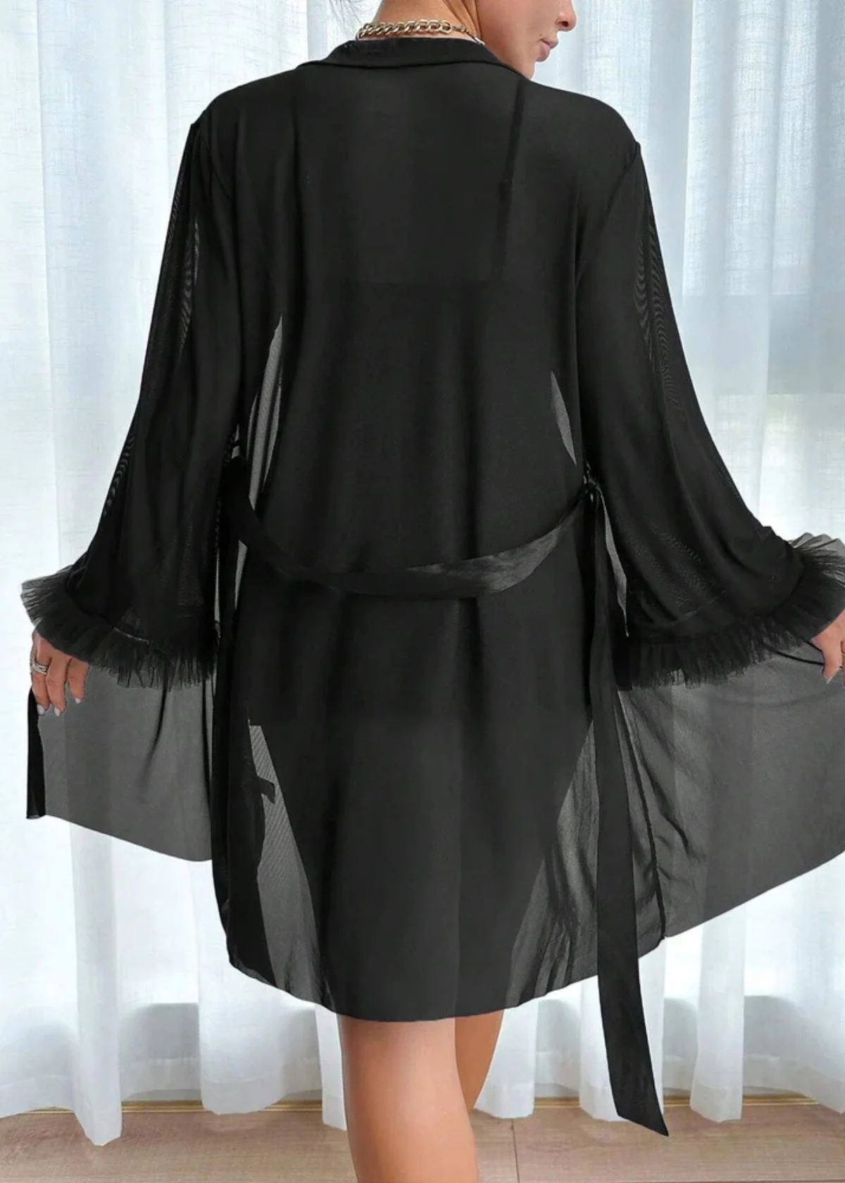 Lace Cami Nightgown & Floral Lace Trim Wide Sleeve Sheer Robe - Image 19