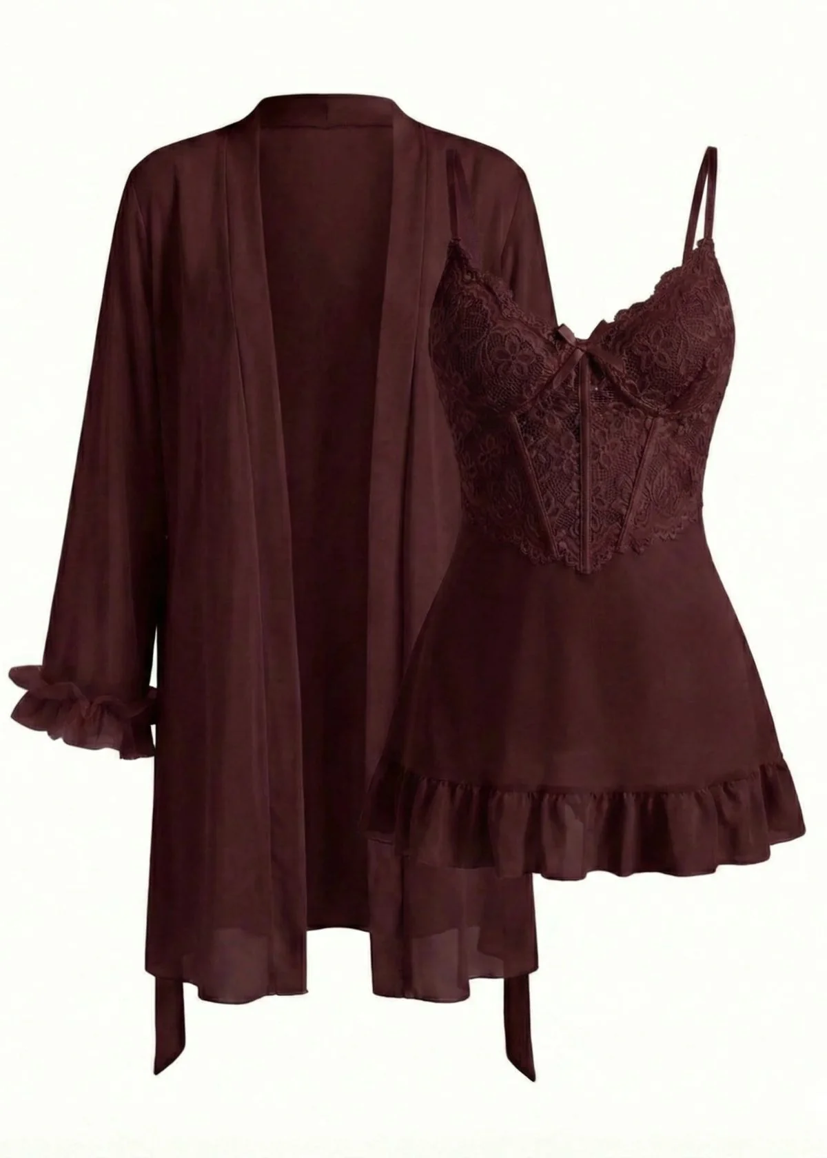 Lace Cami Nightgown & Floral Lace Trim Wide Sleeve Sheer Robe - Image 22