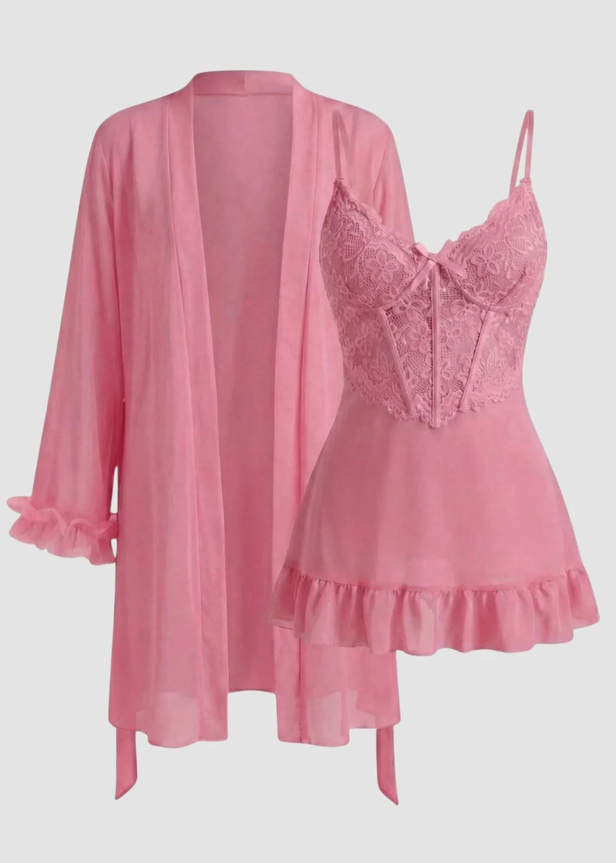 Lace Cami Nightgown & Floral Lace Trim Wide Sleeve Sheer Robe - Image 23