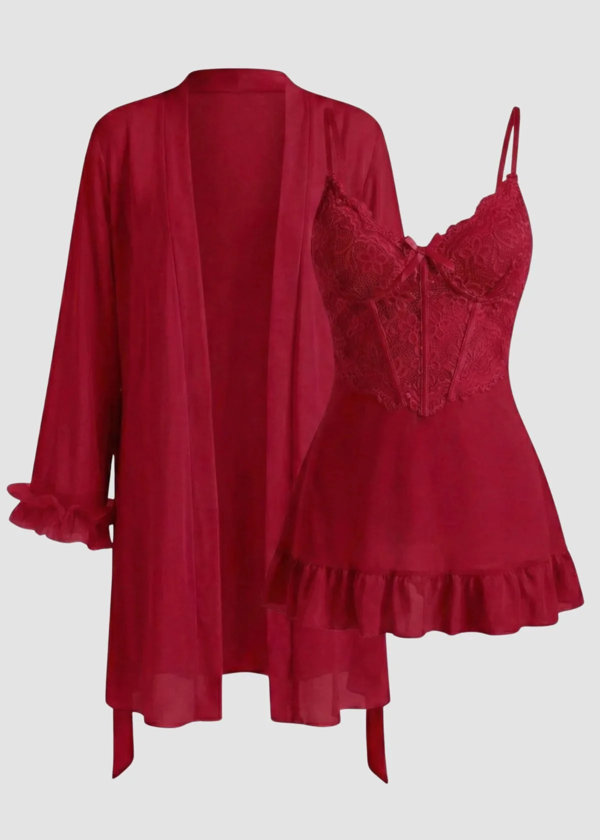 Lace Cami Nightgown & Floral Lace Trim Wide Sleeve Sheer Robe - Image 24