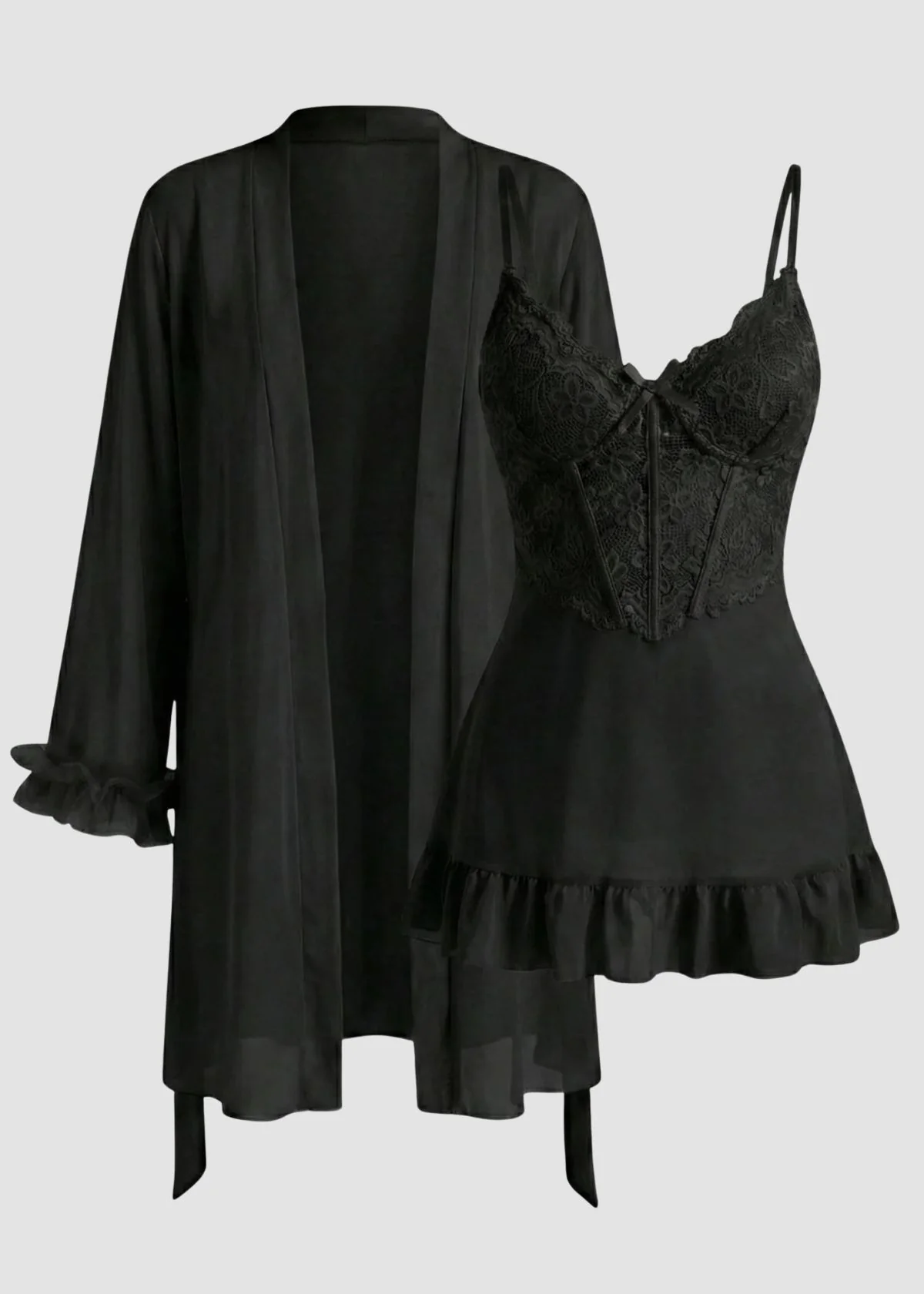 Lace Cami Nightgown & Floral Lace Trim Wide Sleeve Sheer Robe - Image 25