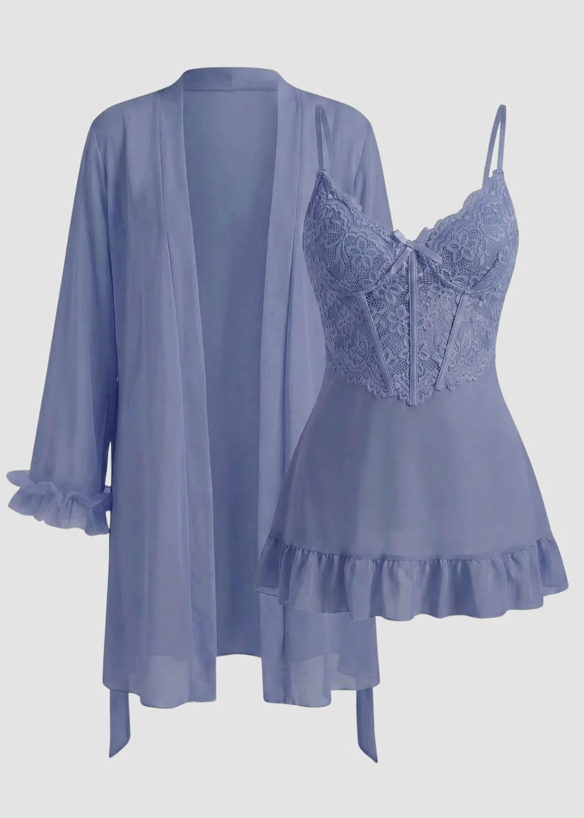Lace Cami Nightgown & Floral Lace Trim Wide Sleeve Sheer Robe - Image 26
