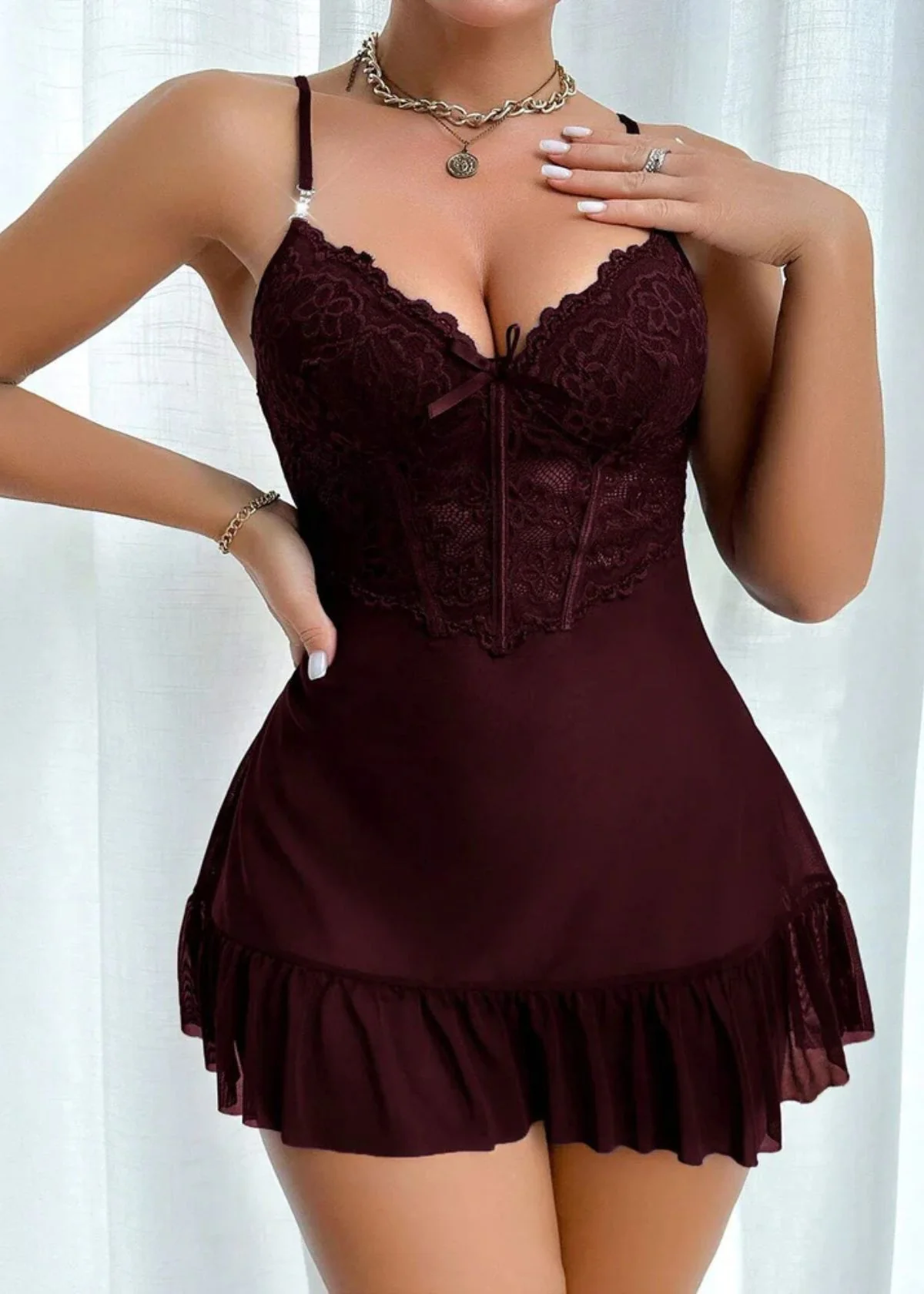Lace Cami Nightgown & Floral Lace Trim Wide Sleeve Sheer Robe - Image 3