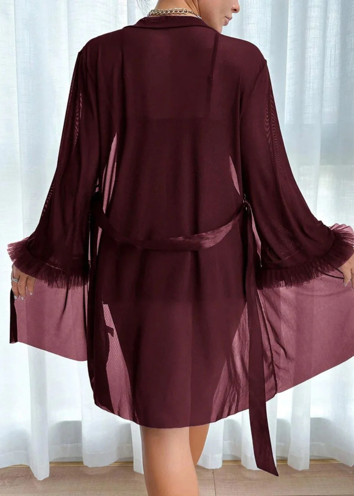 Lace Cami Nightgown & Floral Lace Trim Wide Sleeve Sheer Robe - Image 4