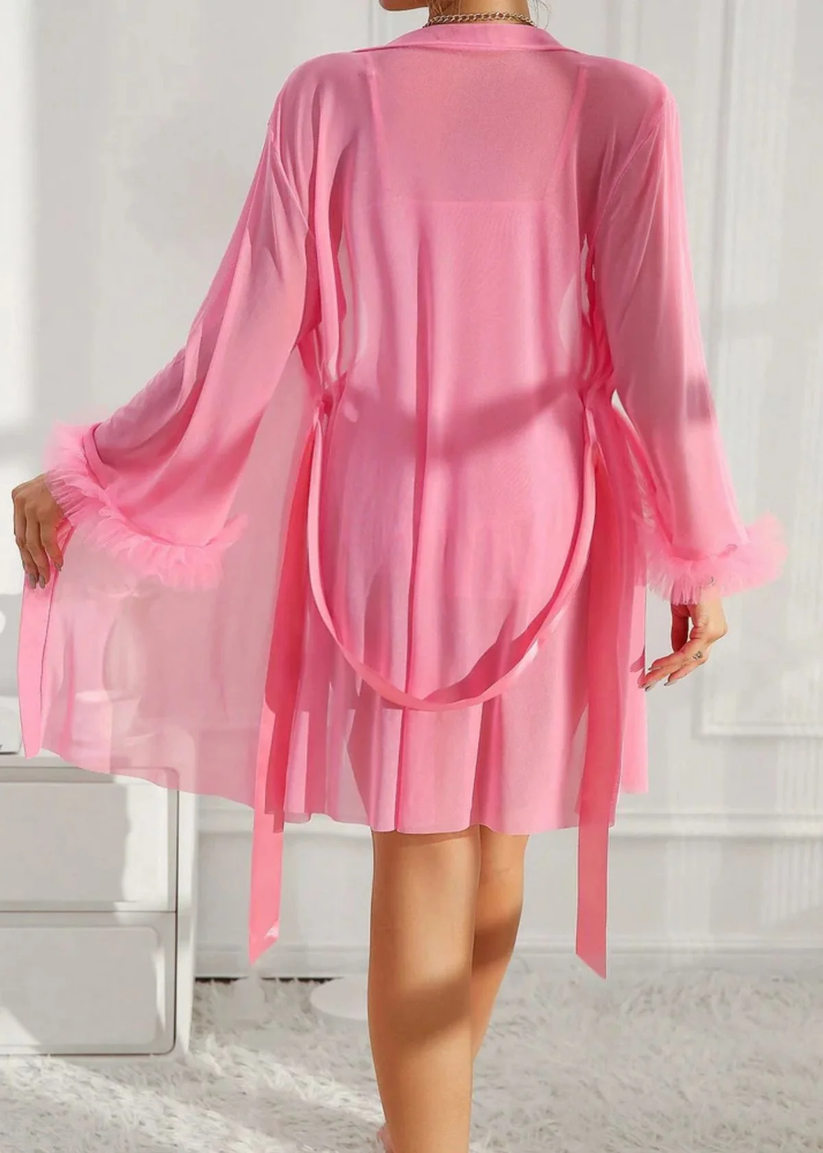 Lace Cami Nightgown & Floral Lace Trim Wide Sleeve Sheer Robe - Image 9