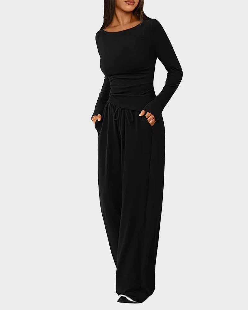 Long Sleeve Tee & Wide Leg Pants 2 Piece Lounge Set - Image 6