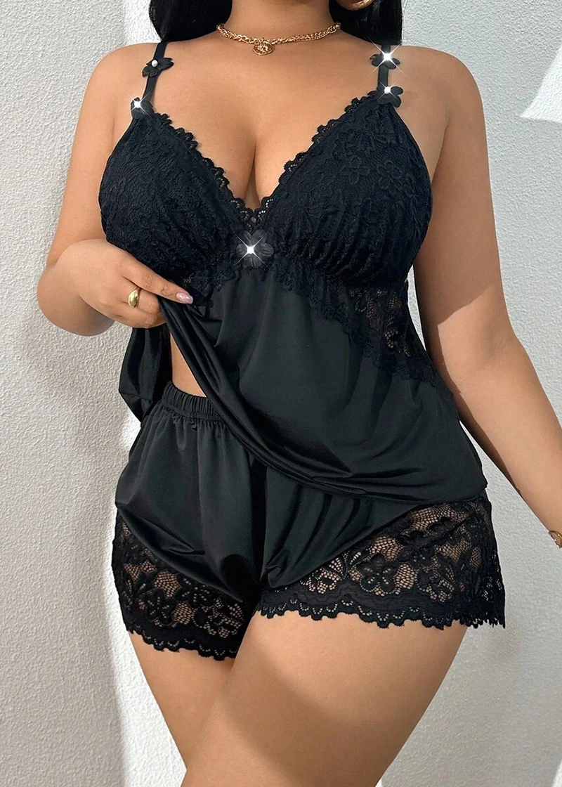 Plus Size Lace Satin Cami Pajama Set – Sexy Two-Piece Sleepwear for Women - Image 22