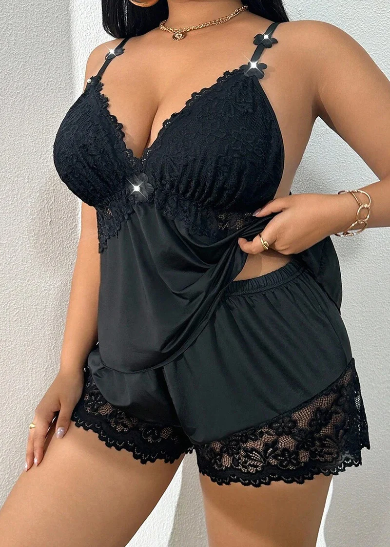 Plus Size Lace Satin Cami Pajama Set – Sexy Two-Piece Sleepwear for Women - Image 24
