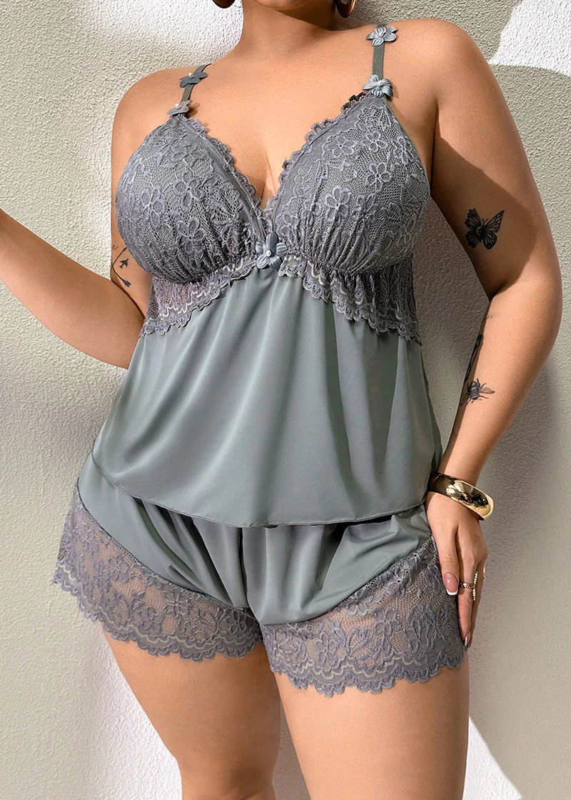 Plus Size Lace Satin Cami Pajama Set – Sexy Two-Piece Sleepwear for Women - Image 31