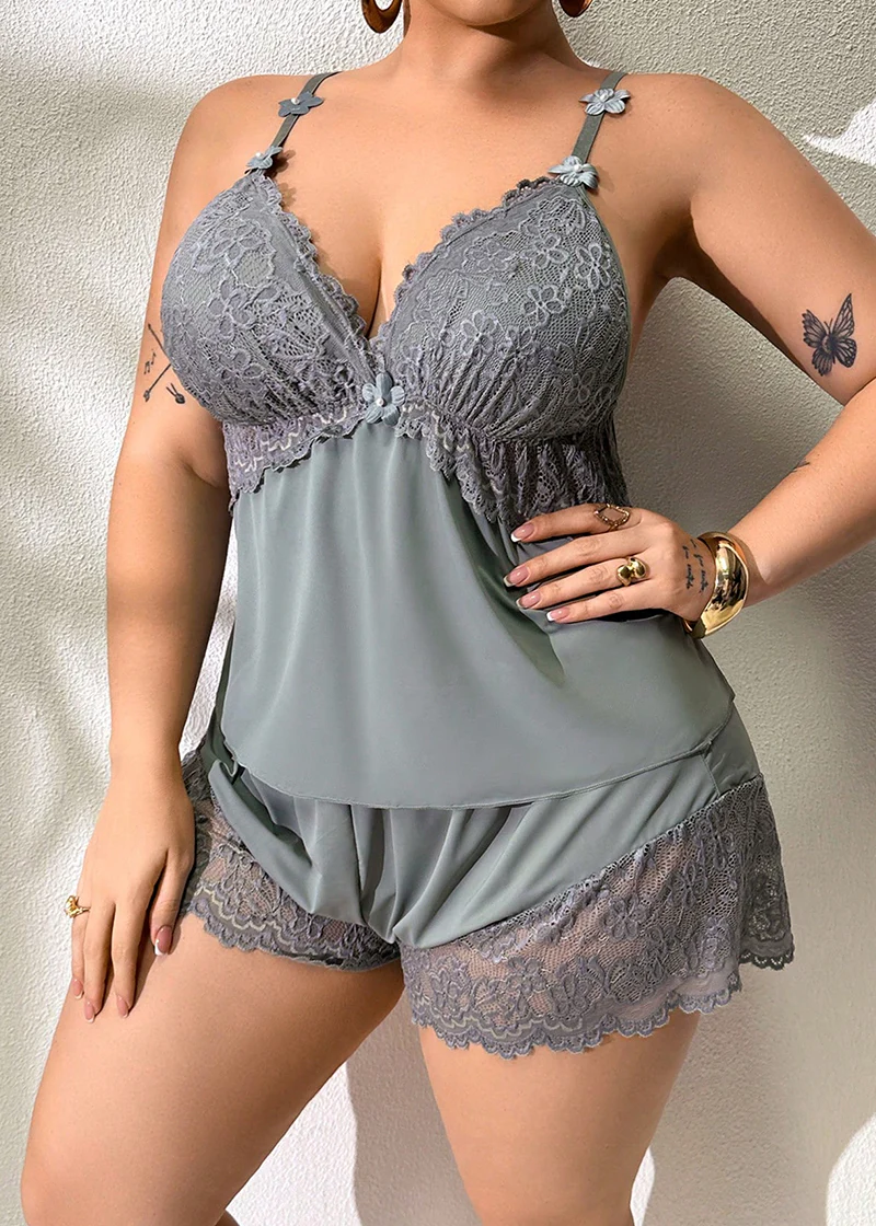 Plus Size Lace Satin Cami Pajama Set – Sexy Two-Piece Sleepwear for Women - Image 32