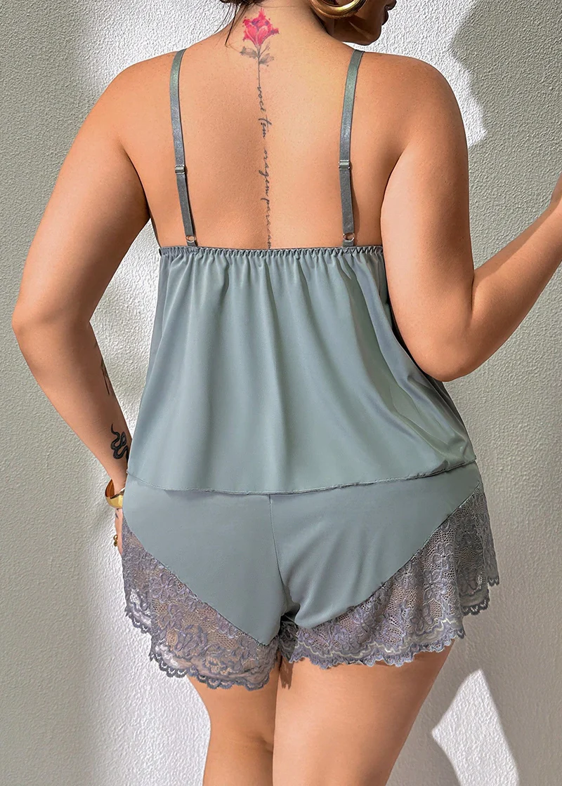 Plus Size Lace Satin Cami Pajama Set – Sexy Two-Piece Sleepwear for Women - Image 35