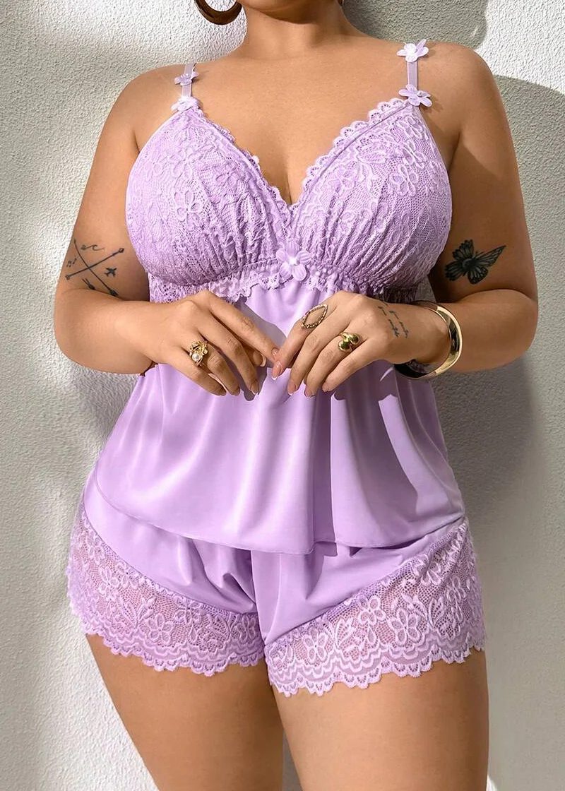 Plus Size Lace Satin Cami Pajama Set – Sexy Two-Piece Sleepwear for Women - Image 42