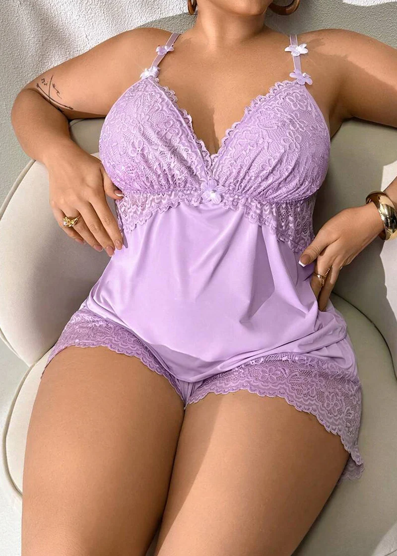 Plus Size Lace Satin Cami Pajama Set – Sexy Two-Piece Sleepwear for Women - Image 43