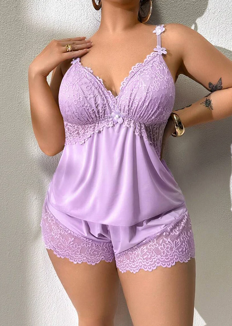 Plus Size Lace Satin Cami Pajama Set – Sexy Two-Piece Sleepwear for Women - Image 44