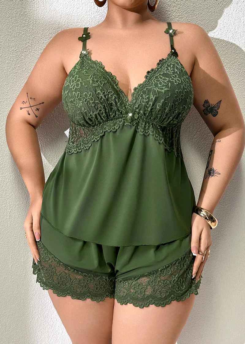 Plus Size Lace Satin Cami Pajama Set – Sexy Two-Piece Sleepwear for Women - Image 7
