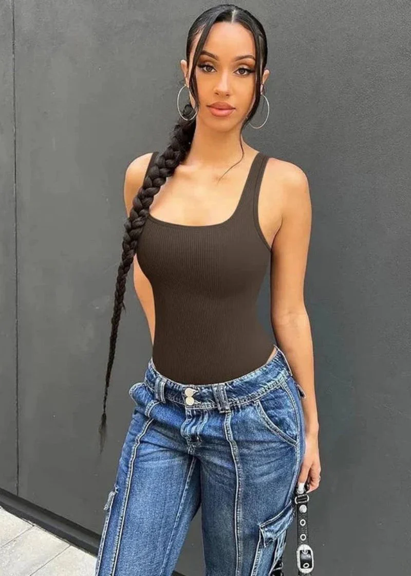 Ribbed Sleeveless Square Neck Tank Top Bodysuit - Image 25