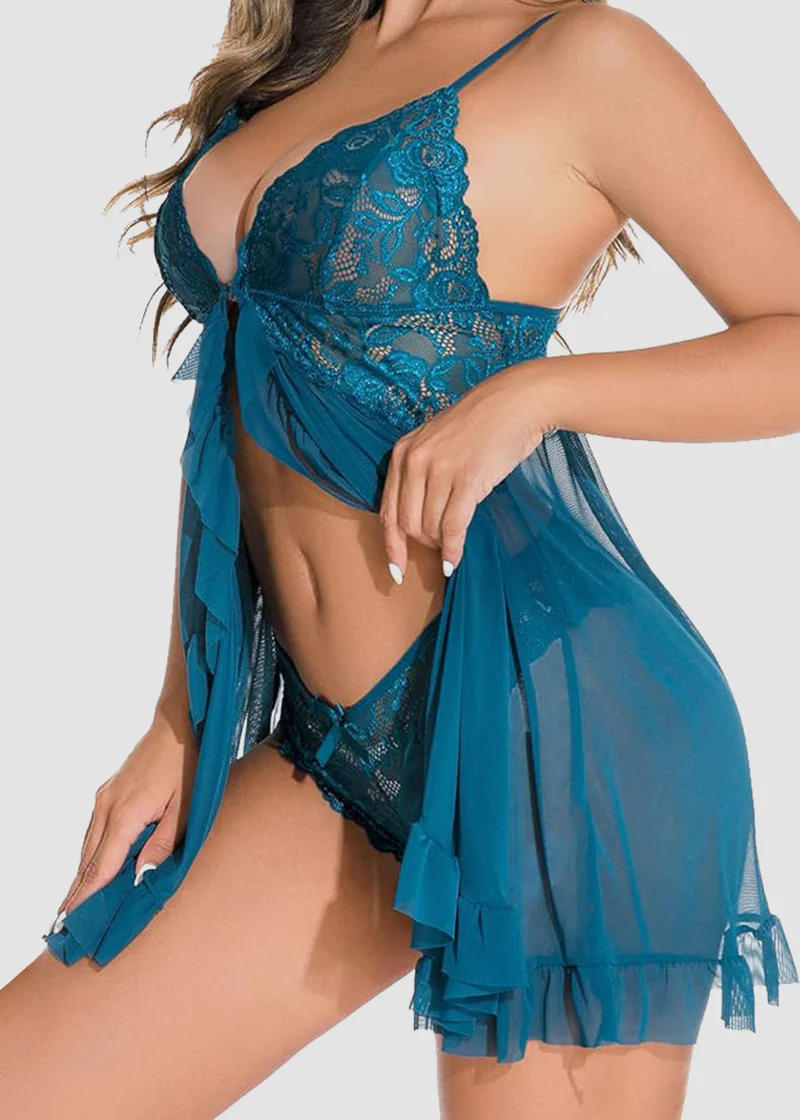 Sexy Lace Mesh See-Through Nightgown with Matching Thong - Image 8