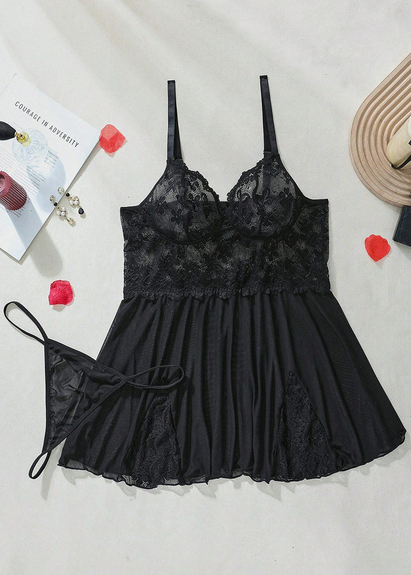 Sexy Plus Size Lace & Mesh Slit Slip Dress with G-String - Image 21
