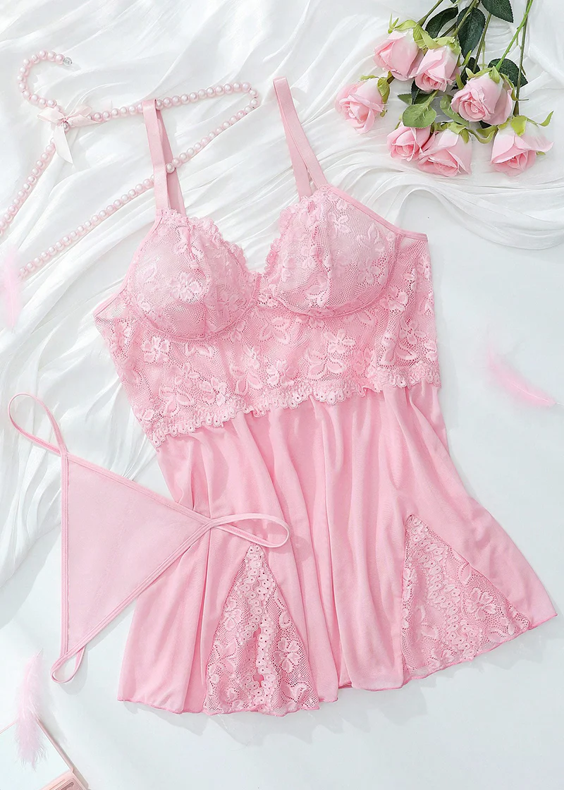 Sexy Plus Size Lace & Mesh Slit Slip Dress with G-String - Image 22