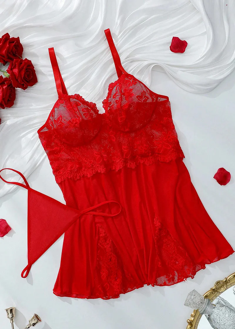 Sexy Plus Size Lace & Mesh Slit Slip Dress with G-String - Image 24