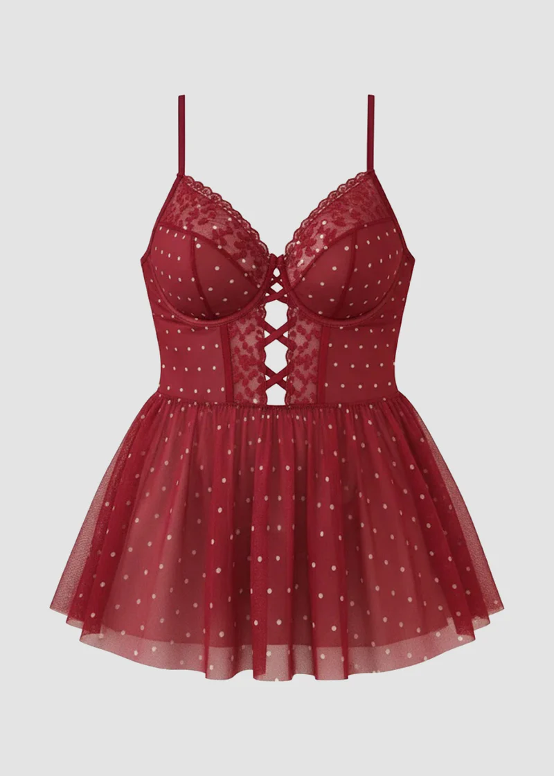 Sexy Plus Size Sheer Lace & Mesh Polka Dot Nightie - Image 11