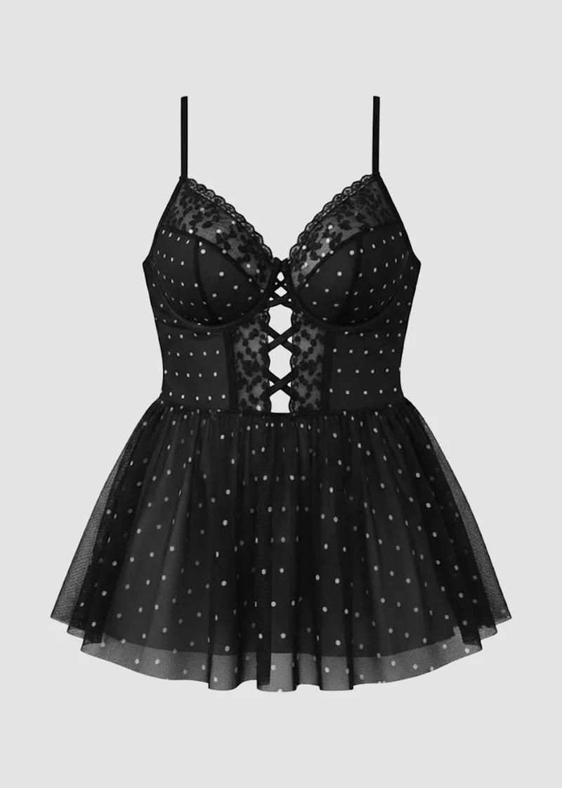 Sexy Plus Size Sheer Lace & Mesh Polka Dot Nightie - Image 12