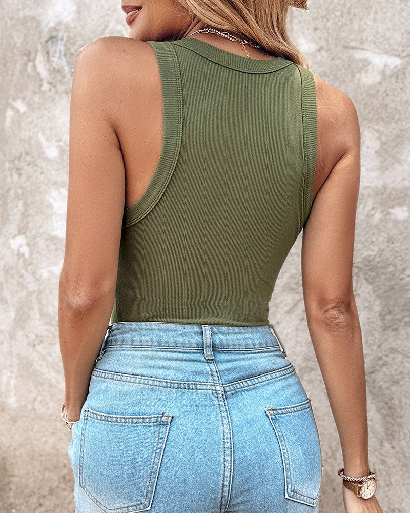Tank Top with Built in Bra, Round Neck Ribbed Tank Top with Bra Pads - Image 12