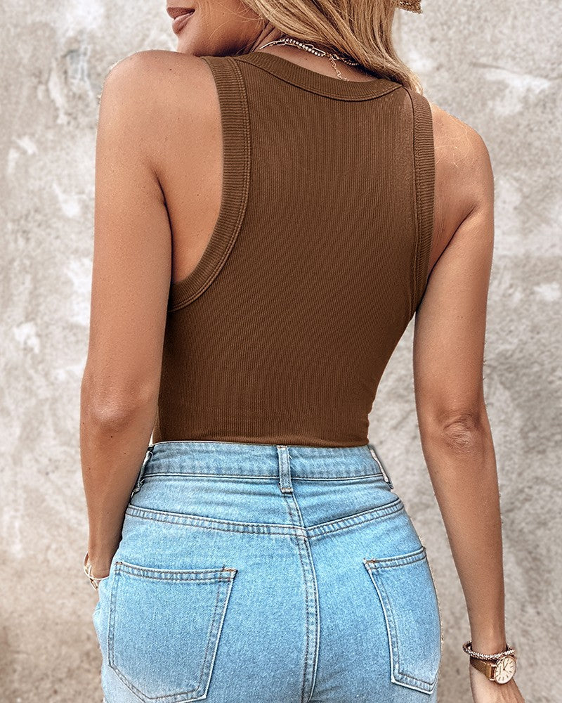 Tank Top with Built in Bra, Round Neck Ribbed Tank Top with Bra Pads - Image 15