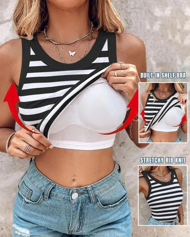 Tank Top with Built in Bra, Round Neck Ribbed Tank Top with Bra Pads - Image 18