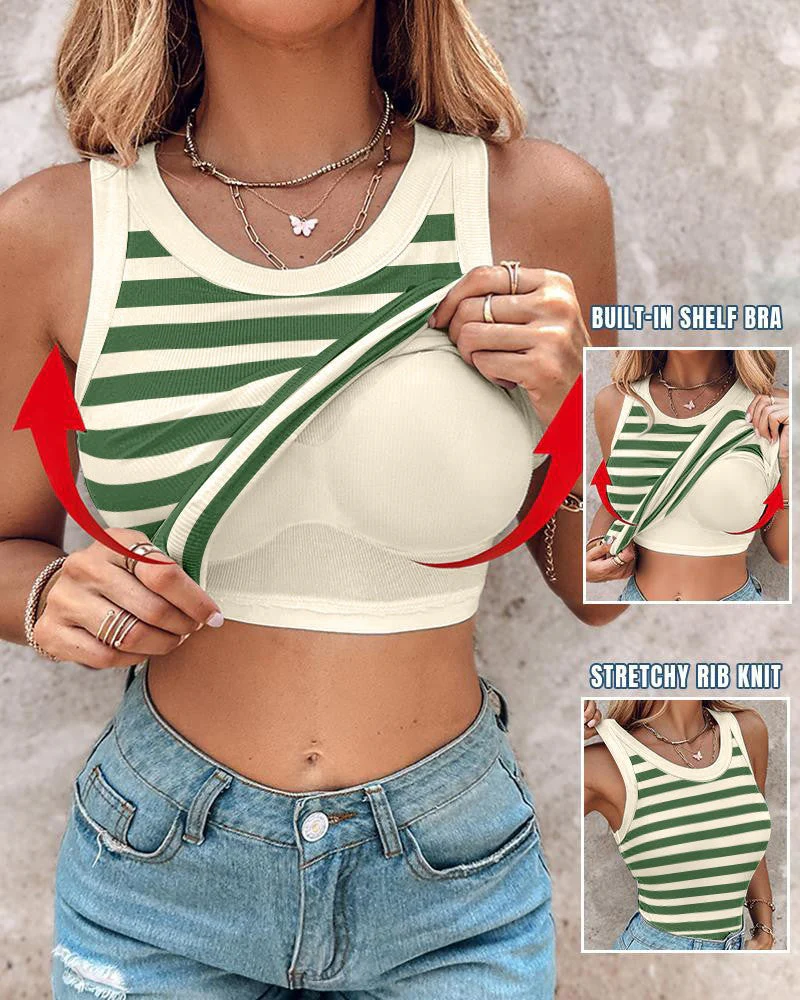 Tank Top with Built in Bra, Round Neck Ribbed Tank Top with Bra Pads - Image 21
