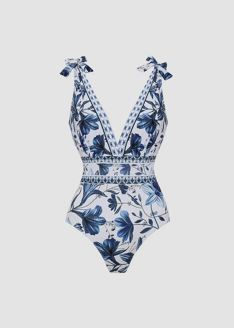 V Neck Lace Up Printed One Piece Swimsuit and Skirt - Image 10