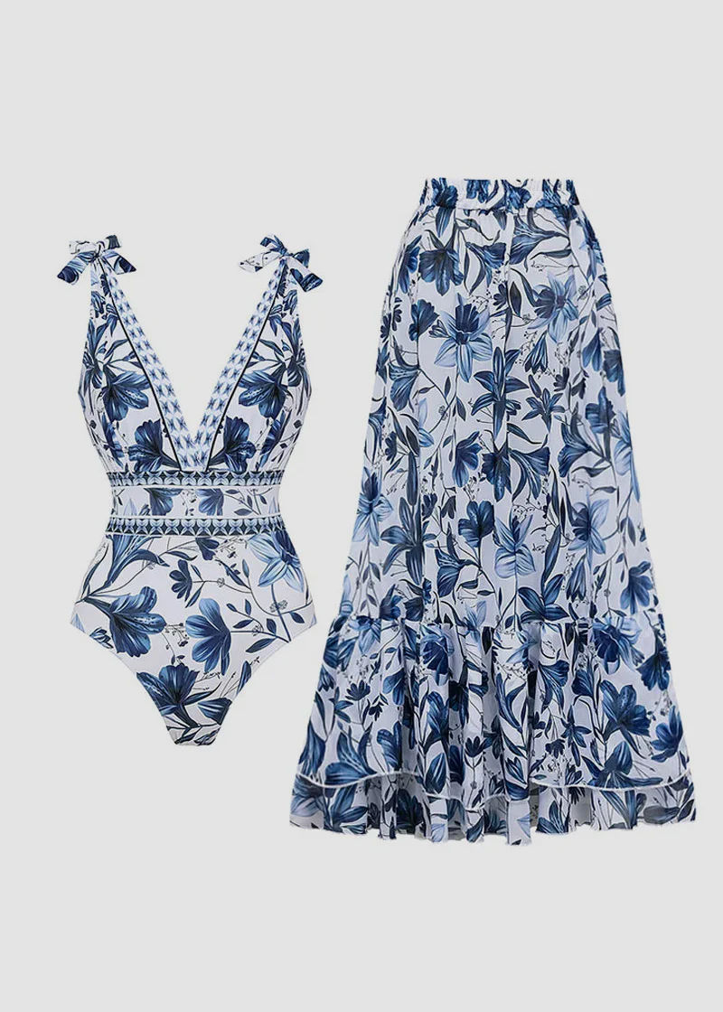 V Neck Lace Up Printed One Piece Swimsuit and Skirt - Image 12