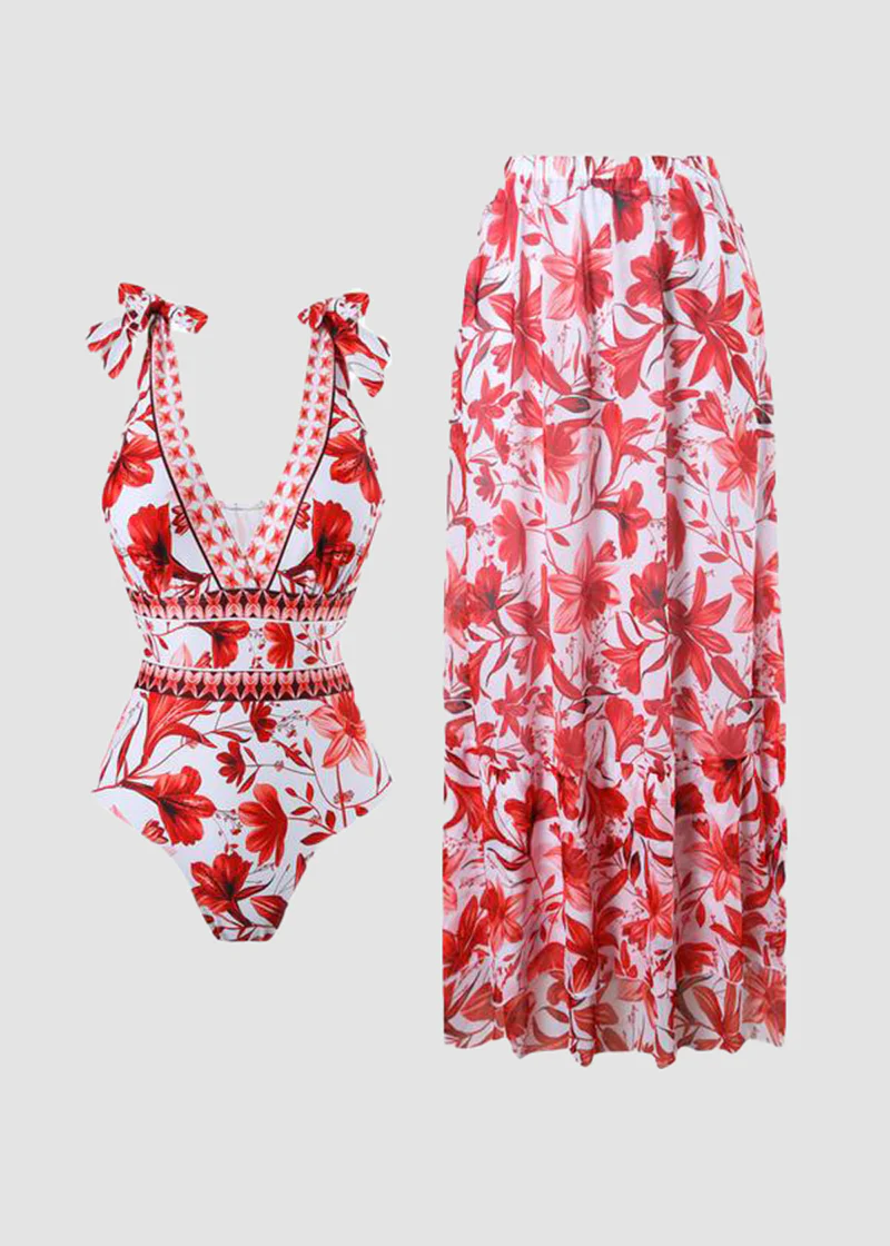 V Neck Lace Up Printed One Piece Swimsuit and Skirt - Image 13