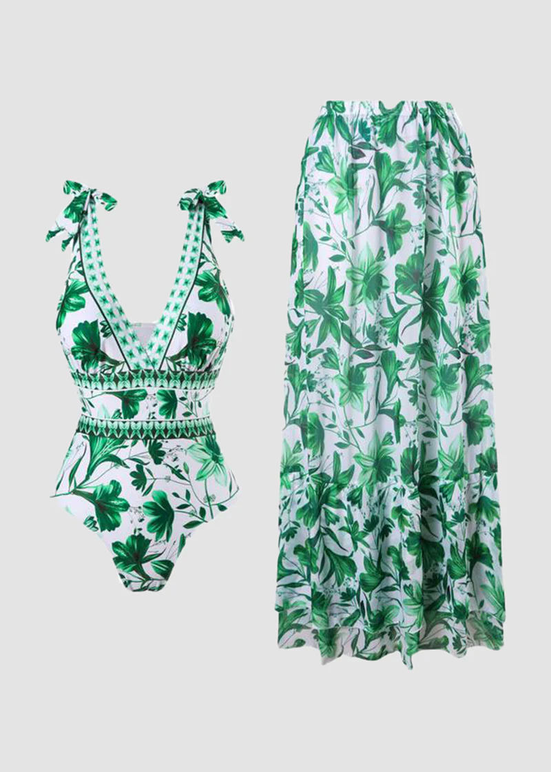 V Neck Lace Up Printed One Piece Swimsuit and Skirt - Image 15